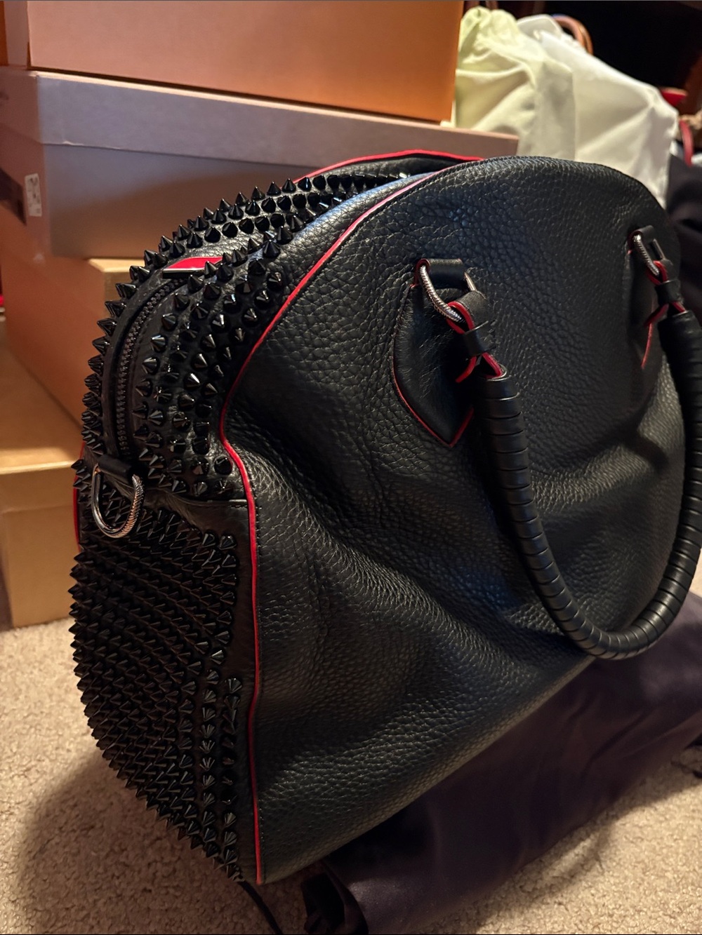 Christian Louboutin Black Leather Stud-Trim Tote with Red Edge Piping - Picture 3 of 5